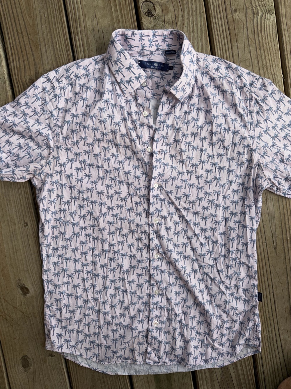 Stone Rose Pink Shirt with Blue Palm Motif